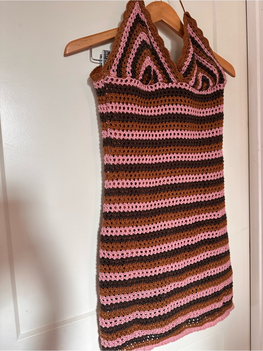 Lulu's Pink and Brown Crochet Mini Dress